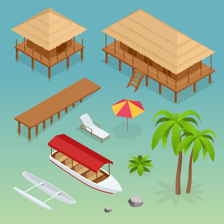 Luxury overwater thatched roof bungalow, bridge, palm tree, pleasure boat, kayak, beach lounger and sun umbrella. Tropical vacations. Isometric vector illustrationのイラスト素材