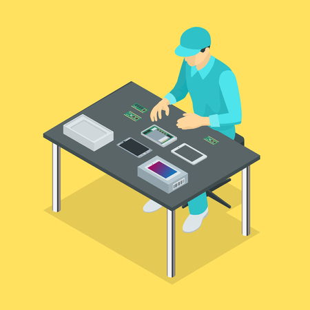 Factory Manual assembly line with works and conveyor belt controlled manufacturing process isometric poster vector illustrationのイラスト素材