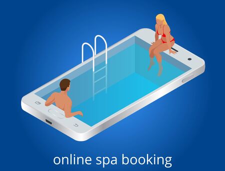 Online SPA booking concept. Guests can book online with mobile devices, tablets, desktops, IPTVs or kiosks at anytime, from anywhere. Flat isometric vector illustrationのイラスト素材