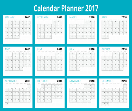 2018 calendar. Print Template. Week Starts Sunday. Portrait Orientation. Set of 12 Months. Planner for 2018 Year.のイラスト素材