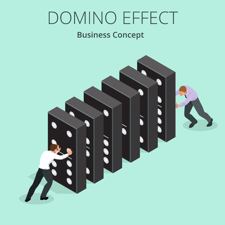 Isometric Man Start domino effect a and Chain reaction concept. Business metaphor. Business solution and helping business themes.のイラスト素材