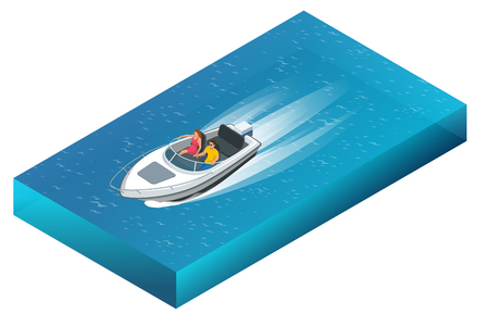 A luxurious powerboat with man and woman cruising through beautiful blue waters. Flat 3d vector isometric illustrationのイラスト素材