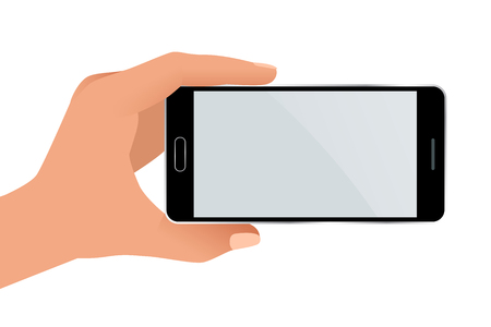 Male hand holding a phone with blank screen. Flat Isolated illustration on white backgroundのイラスト素材