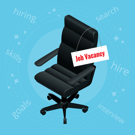 Job Vacancy. The employer is looking for an employee concept. Black office chair and sign vacant. Recruiting or Business Hiringのイラスト素材
