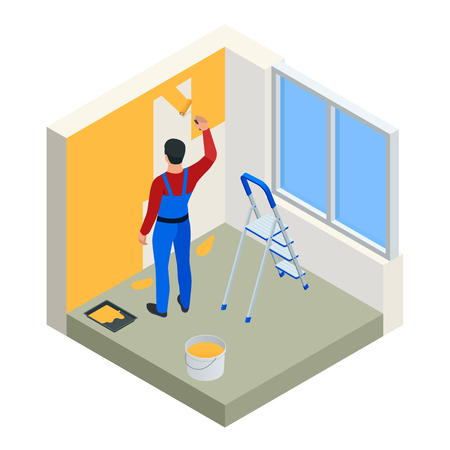 Isometric Paintroller painting white wall with roller red paint. Flat 3d modern vector illustration. Paintroller, people occupations, profession.のイラスト素材