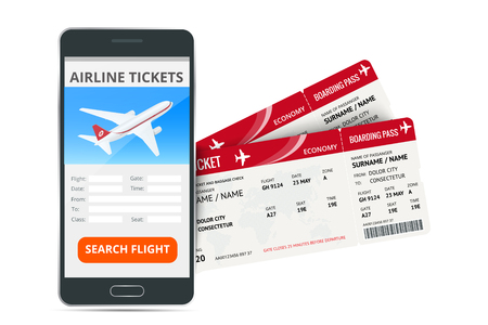 Airline tickets booking online app phone and two boarding passes. Concept of travel, journey or business. Isolated on white vector illustrationのイラスト素材