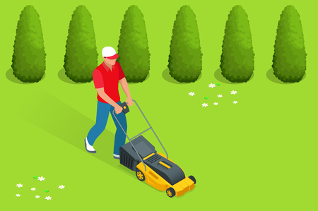 Man mowing the lawn with yellow lawn mower in summertime. Lawn grass service concept. Isometric vector illustrationのイラスト素材