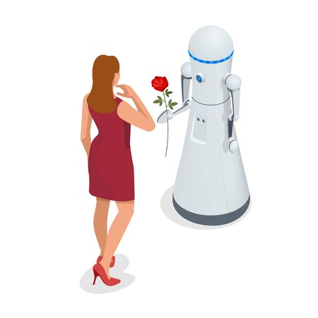 Artificial Intelligence. A robot gives a woman a rose flower. 8 March concept. Caring and love.のイラスト素材
