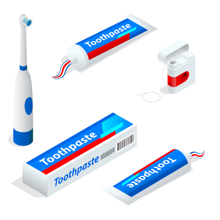 Isometric set of toothpaste Toothbrush, dental floss. Paste or gel dentifrice used with a toothbrush as an accessory to clean and maintain the aesthetics and health of teethのイラスト素材