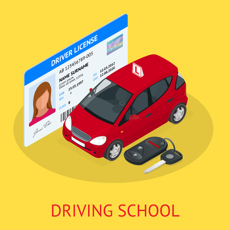 Design concept driving school or learning to drive. Flat isometric illustrationのイラスト素材
