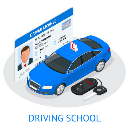 Design concept driving school or learning to drive. Flat isometric illustrationのイラスト素材