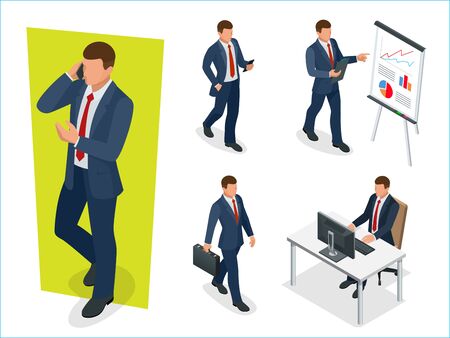 Set of Businessman Man on white background. Isometric character poses. Cartoon people.のイラスト素材