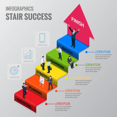 Career ladder of a businessman or a stage of business development marketing, planning, strategy, teamwork, success, finish. Isometric vector people.のイラスト素材