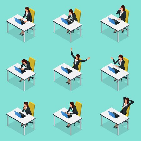 Woman at the desk with a computer. Isometric elegant business women in formal clothesのイラスト素材