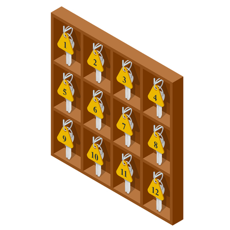 Isometric Rooms keys at a two stars hostel reception desk counterのイラスト素材
