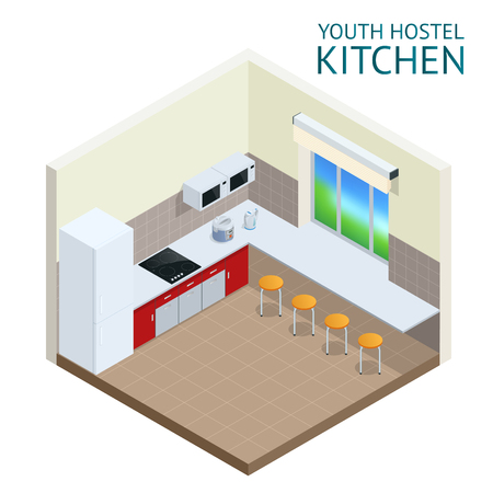 Youth hostel building facade, backpack, double decker bunk bed, room key Travel and tourism business themed itemsのイラスト素材