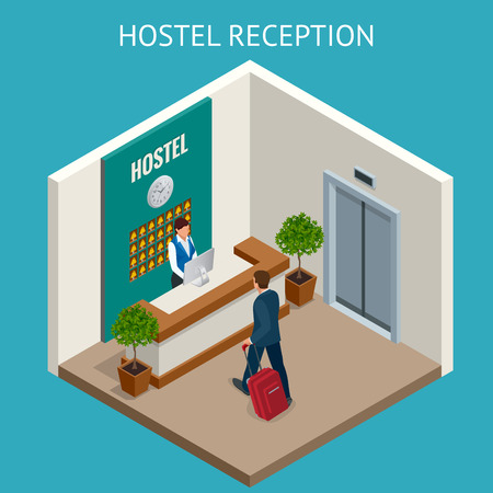 Hotel receptionist. Modern luxury hotel reception counter desk with bell. Happy female receptionist worker standing at hotel counter.のイラスト素材