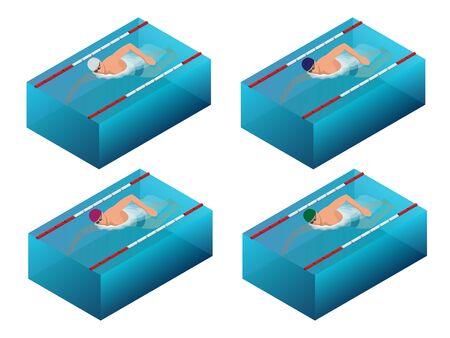 Sportsman swim line race indoor interior infographics. Flat isometric male swimmer vector illustrationのイラスト素材