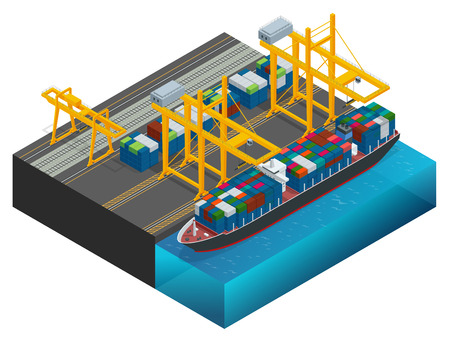 Isometric Cargo containers transshipped between transport vehicles for onward transportation Port warehouse and shipment for infographic Platform supply vessel Logistic support goods tools equipmentのイラスト素材