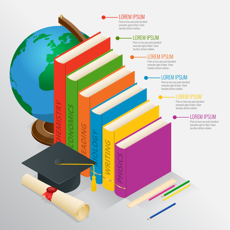 Books step education timeline. Isometric Knowledge school and back to school illustration. Can be used for workflow layout, banner, diagram, number options, web design and infographics.のイラスト素材