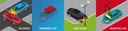 Isometric road accident, drowned car, car crash, burning car concept Vector illustration Accident road situation used for workflow layout, game, diagram, number options, web design and infographicsのイラスト素材