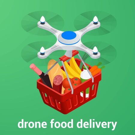 E-commerce concept order food online website. Drone delivery healthy food online service. Flat isometric vector illustration. Can be used for advertisement, infographic, game or mobile apps iconのイラスト素材