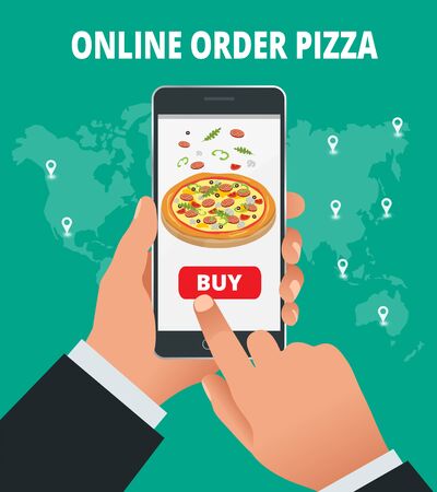 Ecommerce concept order food online website. Fast food pizza delivery online service. Flat isometric vector illustration. Can be used for advertisement, infographic, game or mobile apps iconのイラスト素材
