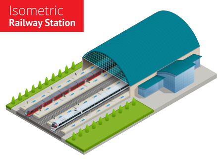 Vector isometric infographic element Railway Station Building Terminal. City Train. Building Facade Train Station public train station building with passenger trains, platform, related infrastructureのイラスト素材