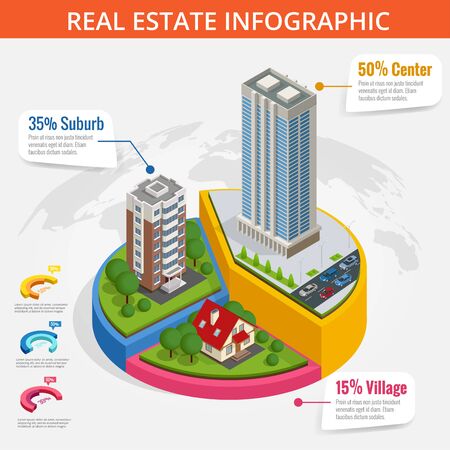 Vector isometric illustration of real estate infographic made of buildings. Commercial and business area.のイラスト素材