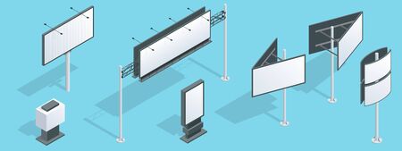 Billboard isometric. Set of different perspectives advertising construction for outdoor advertising big billboard on blue background isolated vector illustrationのイラスト素材