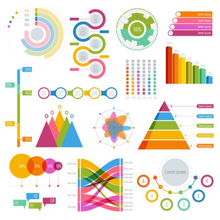 Vector Big set of infographics elements Graphics colourful for display white poster Round, triangular, rising, falling and with percentages diagrams showing business progress and regressionのイラスト素材