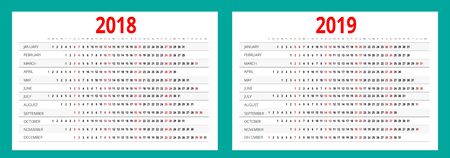 2018 and 2019 calendar. Print Template. Portrait Orientation. Set of 12 Months. Planner for 2018 and 2019 Year.のイラスト素材