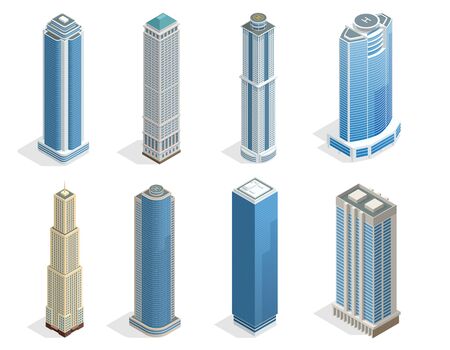 Buildings and modern city houses on 50-70 floors flat isoleted vector icons. Isometric projection of a three-dimensional houses, buildings for web projects, business presentations, infographics, gameのイラスト素材