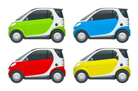 Vector compact smart car. Small Compact Hybrid Vehicle. Eco-friendly hi-tech auto. Easy color change. Template vector isolated on white View sideのイラスト素材