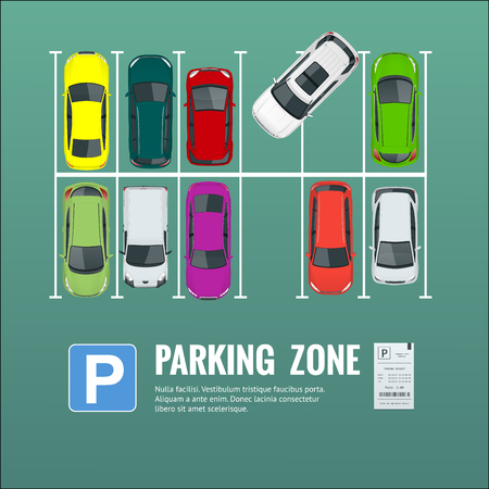 Illustration of city parking lot with a set of different cars.のイラスト素材