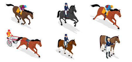 Isometric set Jockey on horse, Champion, Horse riding for Sport background. Stallion race track. Vector Illustration.のイラスト素材