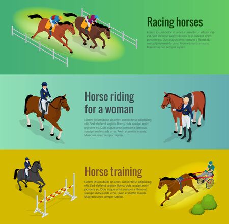Isometric web equestrian horizontal banners with horserace awards equipment and repetition before competition vector illustration.のイラスト素材