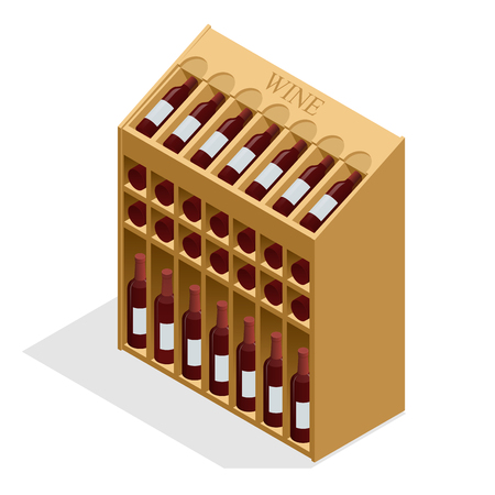 Isometric Red wine bottles stacked on wooden racks. Vector illustration isolated on white backgroundのイラスト素材