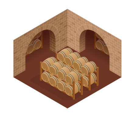 Wine barrels stacked in the old cellar of the winery. Isometric vector illustrationのイラスト素材