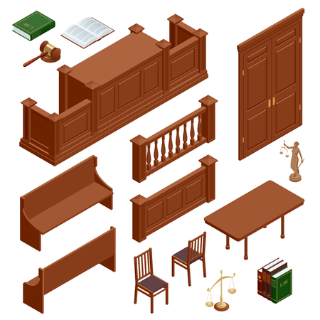 Flat isometric icons set of isolated public justice symbols balance gavel wristbands judge and jury characters. Vector illustrationのイラスト素材