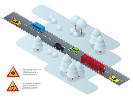 Slippery, ice, winter, snow road and cars. Caution Snow. Winter Driving and road safety. Urban transport.のイラスト素材