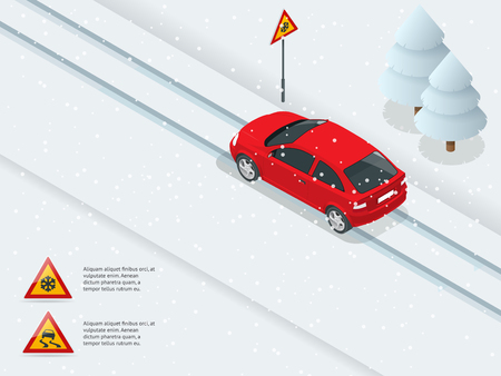 Isometric slippery, ice, winter, snow road and cars. Caution Snow. Winter Driving and road safety. Urban transport.のイラスト素材