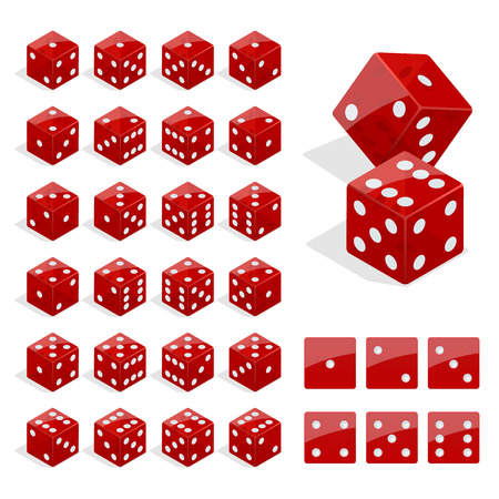 Set of isometric dice combination. Red poker cubes vector isolated. Collection of gambling app and casino templateのイラスト素材