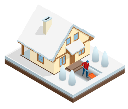 Man with shovel cleaning snow filled backyard outside his house Isometric vector illustrationのイラスト素材