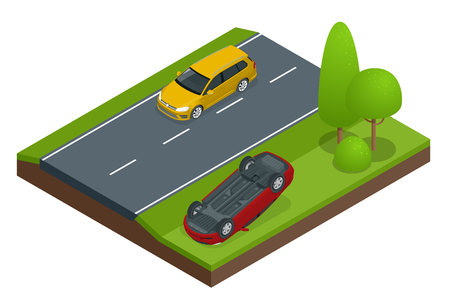 Car flipped. Car turned over after accident. Vehicle flipped onto roof. Car insurance. Protection from danger, providing security. Vector isometric illustration flat design.のイラスト素材