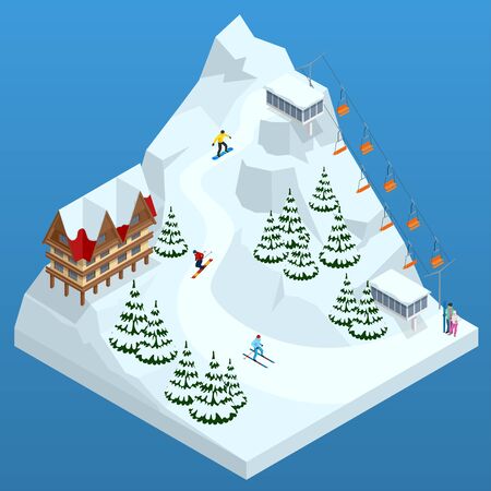 Ski resort, slope, people on the ski lift, skiers on the piste among white snow pine trees and hotel. Winter holiday web banner design. Vector isometric illustration.の写真素材