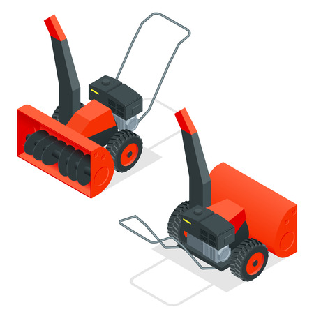 Isometric snow thrower. Cleans snow from sidewalks with snowblower. City after blizzard. Isometric vector illustrationのイラスト素材