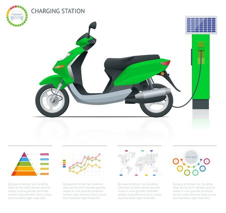 Infographics and Trendy electric scooter charging point vector. Renewable eco technologies. Green power.のイラスト素材