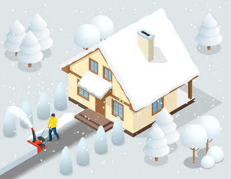 A man clears snow from sidewalks with snow blower backyard outside his house. City after a blizzard. House covered with snow. Isometric vector illustrationのイラスト素材