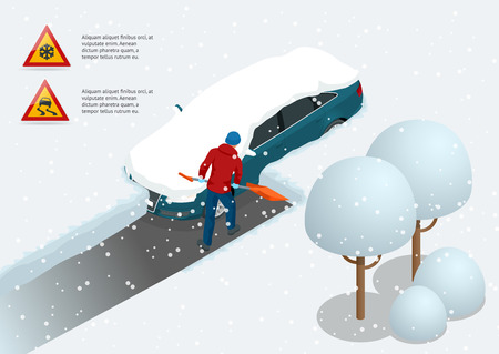 Man with shovel cleaning snow filled backyard outside his car. City after blizzard. Car covered with snow. Isometric vector illustrationのイラスト素材